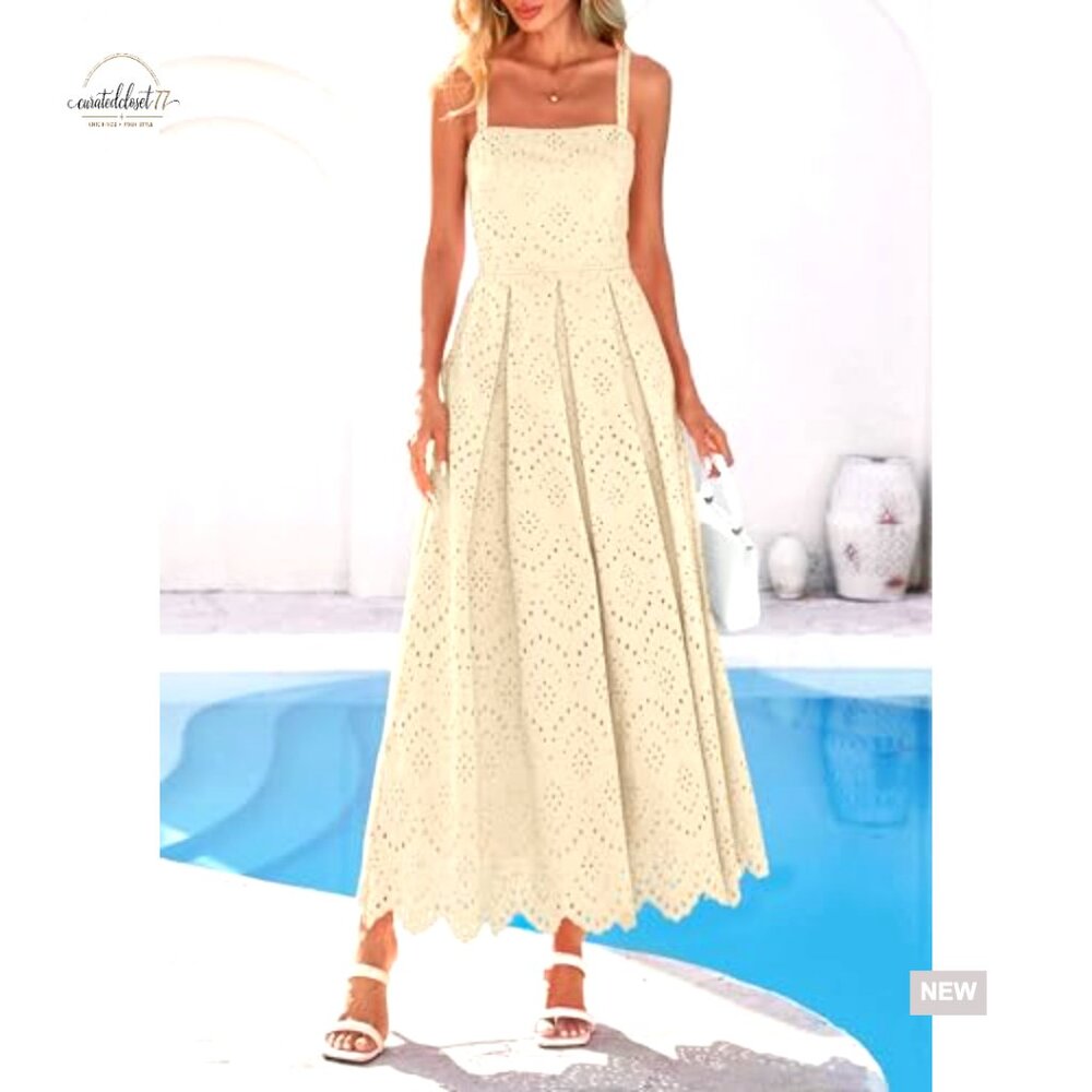Sleeveless Maxi Dress with Eyelet Hollow Out Square Neck Ruffle Beach - Picture 2 of 7
